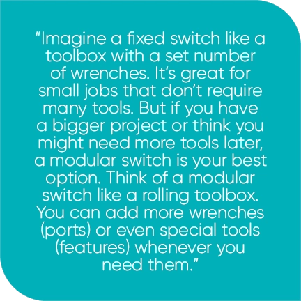 “Imagine a fixed switch like a toolbox with a set number of wrenches. It’s great for small jobs that don’t require many tools. But if you have a bigger project or think you might need more tools later, a modular switch is your best option. Think of a modular switch like a rolling toolbox. You can add more wrenches (ports) or even special tools (features) whenever you need them.”